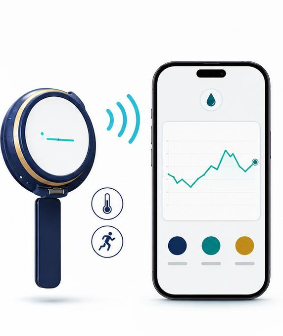 Concept image of a Gluviora reader beside a phone app